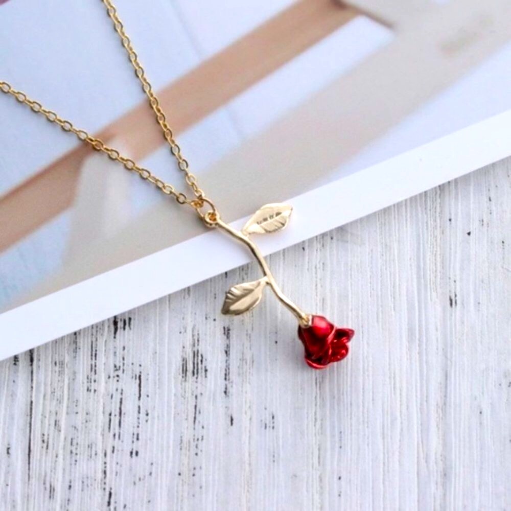 "Beauty & the Beast" Red Rose Dainty Cute Necklace - Picture 5 of 10